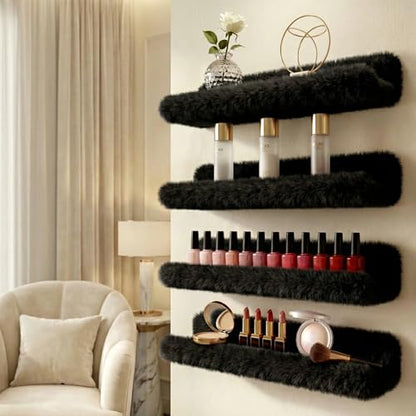 Care&More YJ 15 Inch Nail Polish Shelves, 4-Pack Fuzzy Display Nail Polish Rack for Storing Nail Bottles, Sunglasses, Essential Oils, Plush Soft Black - color: Black