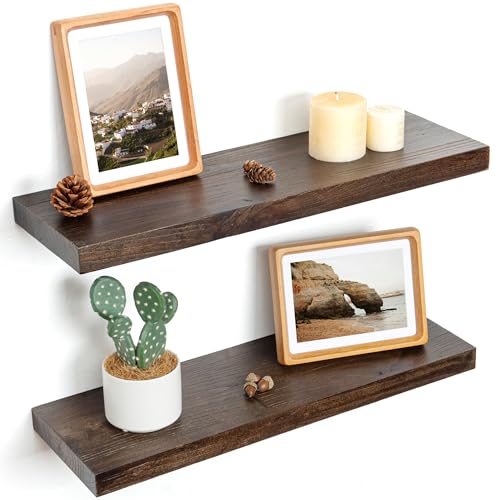 Floating Shelves for Wall Decor, 8 Inch Deep Rustic Solid Elm Wood Floating Shelves Wall Mounted, Wall Shelves with Invisible Bracket for Living Room Bathroom Bedroom Kitchen, 24 Inch Set of 2, Walnut - color: Walnut, size: Flat Edge, 24inch, 2Packs