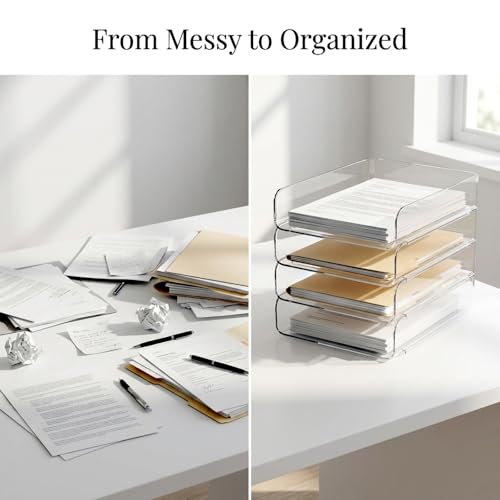 DCA 4 Tier Clear Desk Organizer, Stackable Paper Tray, Acrylic File Holder Paper Organizer for Office, Home, School, Letter & A4 Size - size: Deep 12.4in