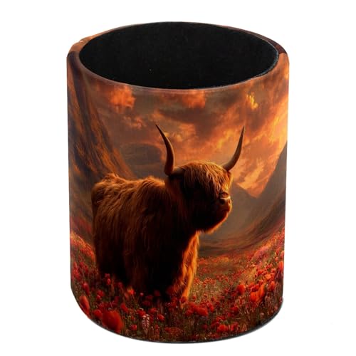 Highland Cow and Red Florals Pen Holder Pencil Organizer for Desk, 3.1” x 3.1” x 3.9” Pencil Cup Office Supplies, Large Capacity Cute Pen and Makeup Brush Holder for Desktop, Home, School - color: Highland Cow and Red Florals