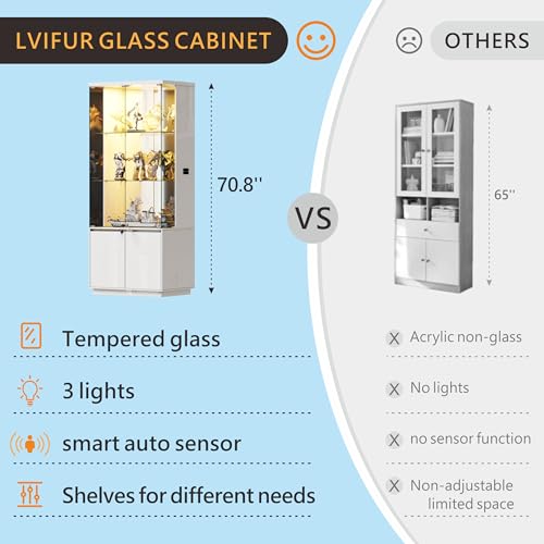 Lvifur 71” Tall Display Cabinet with Glass Doors, Modern Curio Cabinet Display Cases for Collectibles, Living Room Bookcase Locking Cabinet with Lights & Human Body Sensor, Gift for Father (White) - color: White-led