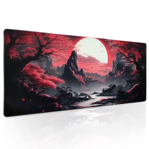 Black Red Japanese Gaming Mouse Pad XL Moon Sakura Cherry Blossom Extended Big Large Desk Mat Non-Slip Rubber Base Stitched Edge Long Keyboard Mousepad for PC Computer Laptop,31.5×11.8 in - color: Red Japanese Sakura, size: X-Large
