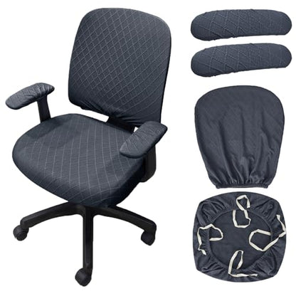 Stretch Jacquard Office Chair Cover with Armrest Covers, Removable Washable Desk Chair Cover, Anti-dust Seat Cushion Protectors -Seat + Backrest, Dark Grey - color: Dark Grey, size: Chair Seat + Backrest + Armrest Cover