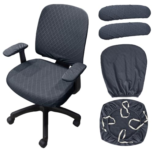 Stretch Jacquard Office Chair Cover with Armrest Covers, Removable Washable Desk Chair Cover, Anti-dust Seat Cushion Protectors -Seat + Backrest, Dark Grey - color: Dark Grey, size: Chair Seat + Backrest + Armrest Cover