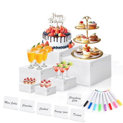6 Pcs White Acrylic Buffet Risers with Mini Sign and Maker, Food Display Stands for Buffet Table Party Catering Dessert Jewelry Collectibles,Nesting Cube Boxes with Hollow Bottoms (8",7",6",5",4",4") - color: 8" 7" 6" 5" 4" 4"