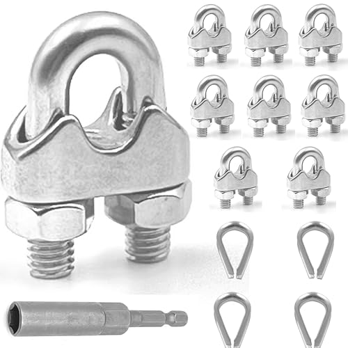 8 Pcs M10 Wire Rope Clamps Cable Clamps 4 Pcs 3/8" Wire Rope Thimble U Bolt Saddle Fastener 304 Stainless Steel Cable Clamps (M10, 8) - style: M10