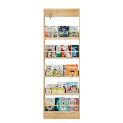 Wooden Wall Mounted Bookshelf, 5 Tier Storage Shelf with Anti Tip Device, Space Saving Organizer with Built in Hooks and Raised Edges for Living Room Bedroom Home Office