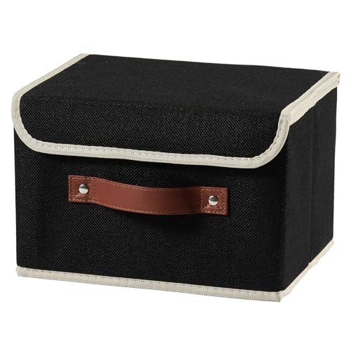 Storage Boxes with Lid Cotton Linen Fabric Storage Bins Organizer Container Decorative Collapsible Washable Shelf Baskets Faux Leather Handles for Home Bedroom Closet (Black, Small Size) - color: Black, size: Small (Set of 1)