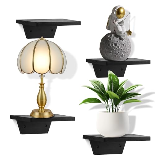 PHOENANCEE Small Floating Shelves,Speaker Shelf,Trapezoid Wall Shelf for Table Lamp Plants Display,Decorative Wood Ledges Chic for Living Room,Bedroom,Kitchen,Office,Pine,8x6 Inch,4 Pack(Black) - color: Black, size: Set of 4