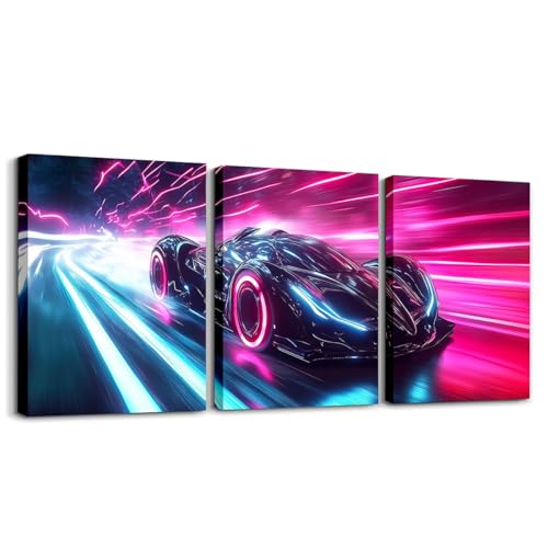 Sports Cars Boys Canvas Wall Art Set of 3,Neon Light Cars Poster Prints Race Car for Boys Kids Teens,Pink Blue Art Geometric Line Stripes Decor,Kids Sci-Fi Cool Speed Racing Car Wall Art,12x16 - color: Blue Pink