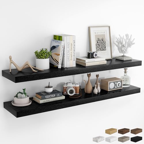 RICHFOCUS 55Inch Floating Shelves for Wall 2 Pack Shelves for Bedroom|Kitchen|Bathroom Wall Mounted Rustic Wood Floating Shelf with Invisible Brackets for Books|Storage|Decor, Black - color: Black, size: 55.1"L x 8"D, Set of 2