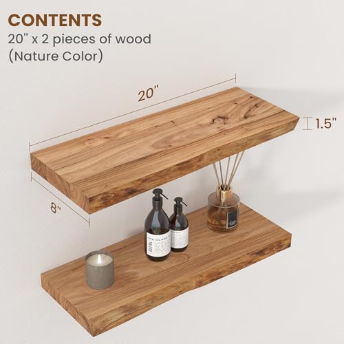 Floating Shelves for Wall Decor, Rustic Solid Elm Wood Live Edge Floating Shelves Wall Mounted, Wall Shelves with Invisible Bracket for Living Room Bathroom Bedroom Kitchen, 20 Inch Set of 2, Natural - color: Natural, size: Live Edge, 20inch, 2Packs