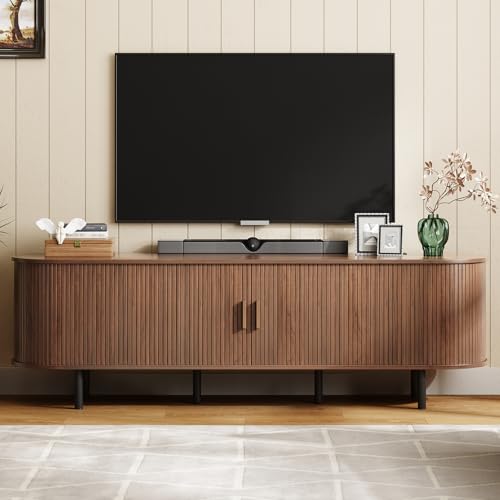 ONBRILL 70.8" TV Stand with Power Outlet for TVs up to 75 Inch, Entertainment Center with Storage and Adjustable Shelves, Modern Media Console with Sliding Doors for Living Room, Walnut - color: Walnut, size: 70.8 Inch