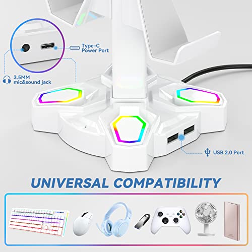 KDD Gaming Headphones Stand, Rotatable Headset Stand with Light Modes - Controller Holder with 2 USB Charging Ports and 3.5mm - Earphone Hanger Accessories for Desktop Gamer(White) - color: White