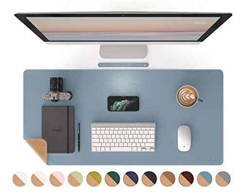 RENMTURE Dual-Sided Mouse Pad, Natural Cork & PU Leather Large Desk Pad for Office and Home Work, Desk Protector Non-Slip, Waterproof, Easy Clean (Blue Gray, 36"x17") - color: Blue Gray, size: 36"x17"