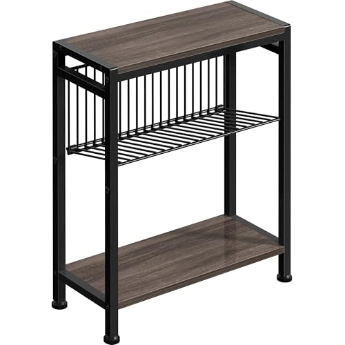 Side Table for Small Space, 3-Tier Narrow End Tablewith Magazine Holder,Slim Nightstand, Skinny Snack Couch Table in Living Room, Bedroom Study and Balcony(Ash Brown) - color: Ash Brown