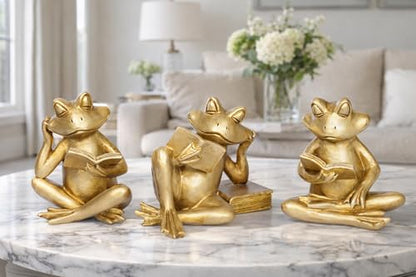 Gold Frog Figurines Set of 3 Funny Frog Gifts for Women Cute Reading Sculptures Stuff Golden Animal Statue for Book Lovers Home Decor Office Shelves Desk Living Room Table Bookshelf Literary Ornaments