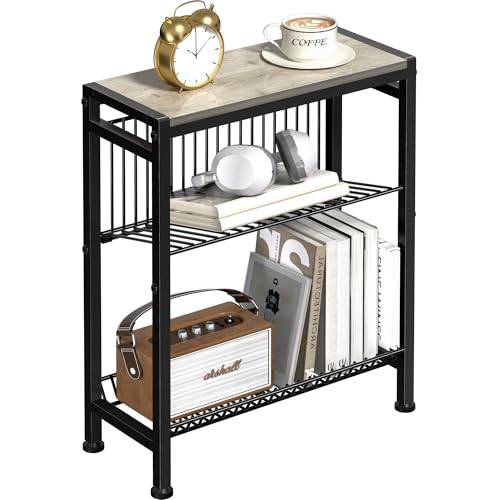 Narrow Side Table for Small Space, 3-Tier End Table with Magazine Holder, Slim Nightstand with Wire Shelf, Skinny Bedside Table in Living Room, Bedroom, Study, Kitchen and Balcony(Greige) - color: Upgrade-greige