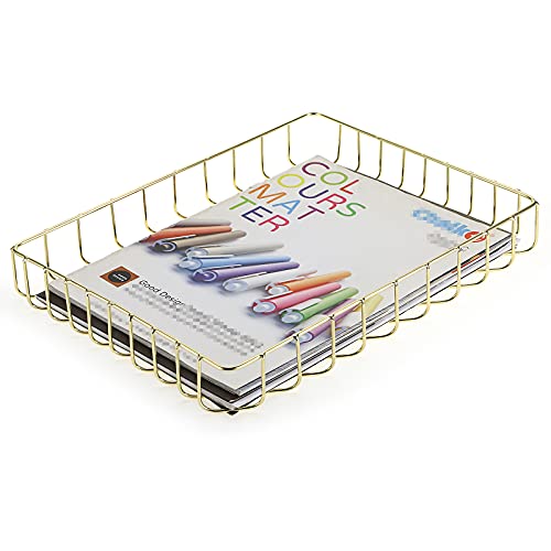 BTSKY Multipurpose A4 File Tray Wire Desk Tray Organizer Elegant Letter Size Desk Documents Trays Magazine Files Storage Basket Organizer Bin for Office Cosmetics Bathroom(Gold) - color: Gold