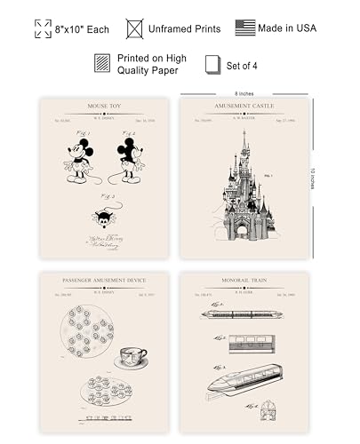 Poster Master 4-Piece Amusement Blueprint Poster - Castle Design Patent Print - Mouse Design - Passenger Device Print - Monorail Train Art - Kid's Room Wall Decor - 8x10 UNFRAMED - color: Patent Kids 12, size: 8"L x 10"W
