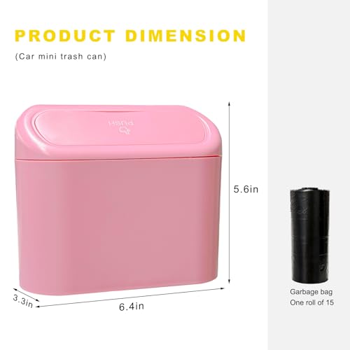 Car Trash Can Bin with Lid, Mini Portable Auto Garbage Can with 15Pcs Trash Bags, Waterproof Leakproof Small Garbage Organizer, Car Dustbin for Vehicle, Home, Office (Pink) - color: Pink