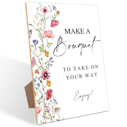 Bouquet Making Sign, Flowers Bridal Shower Decorations, Wedding Reception Table Decorations, Engagement Party Decor, Boho Wooden Sign with Stand for Wedding Reception And Bridal Party Decor, 2 - color: Floral Bouquet2