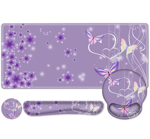 Purple Butterflies Florals Mouse Pad, XXL Large Desk Mat Extended Reading Desk pad, 4PCS Non-Slip Rubber Base Computer Big Mousepads for Work, Game, Office, Home Decor Girls Woemn Gifts Accessories - color: Purple Butterflies Florals