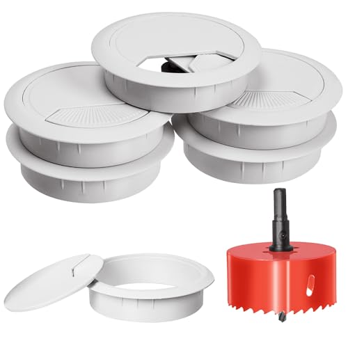 Swpeet 6Pcs White Desk Cable Wire Grommet Cord with Hole Saw, Tidy Cable Hole Cover Organizers, Desk Wire Cord Cable Grommets Hole Cover, 1Pcs 2.36Inch_60mm Tools Hole Saw with Arbor for Office Desk - color: White, size: 60mm