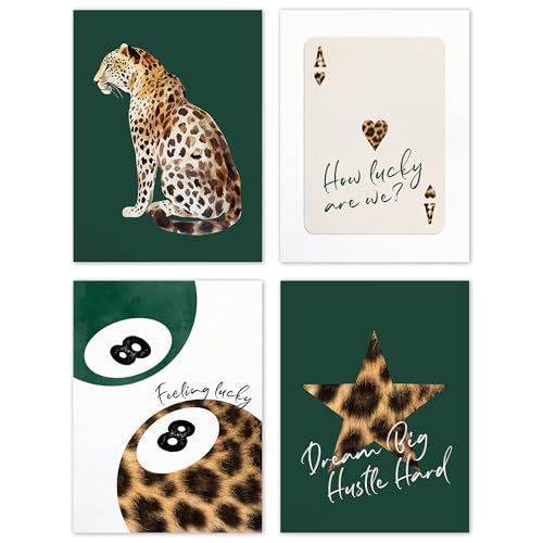 TLESKE Green Preppy Cheetah Leopard Posters Prints Unframed 12x16 Set of 4 | dark green Trendy Lucky 8 Balls Wall Art Prints Decor for Teen Girls Dorm Bedroom, Retro Cheetah Print Wall Pictures - color: emerald green cheetah, size: 16L" x 12W"