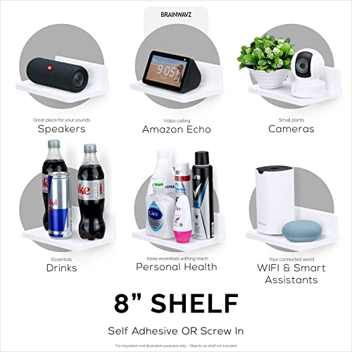 BRAINWAVZ 8” Shelf Wall Mount for Speakers, Security Cameras, Baby Monitors, Plants Toys & More, Floating Shelves, Adhesive & Screw-in (White) - color: 8" White Shelf