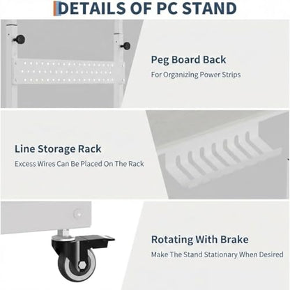 GarveeHome Computer Tower Stand with Cable Management Rack, Adjustable Rolling CPU Holder Cart (22.83 to 34.1 Inches) for Under Desk, 2-Tier Mobile PC Tower Stand for Office and Home Use,White