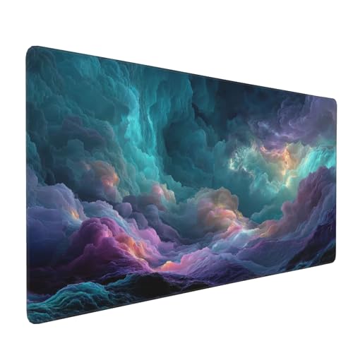 Mouse Pad with Colorful Cloud Design, Extended Gaming Keyboard Mat, 35.4x15.7 Inches, Non-Slip Rubber Base, Stitched Edges - color: Colorful clouds