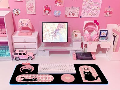 JMIYAV Pink RGB Gaming Mouse Pad 31.5x12 Inch PC XL Large Extended Glowing Led Light Up Desk Pad Non-Slip Rubber Base Computer Cute Mousepad Mat Desk Accessories Gaming Setup Hello Cat - color: Hello Cat