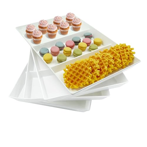 Divided Serving Tray Platter, 4 Pack 15" x 10" Fruit Veggie Food Tray for Party, Plastic Serving Trays for Appetizer, Snack, Dessert, Cookie, Brunch Decorations Platters, White Trays BPA-Free - color: 3 Divided (Large), size: 15" x 10" (4 Pack)
