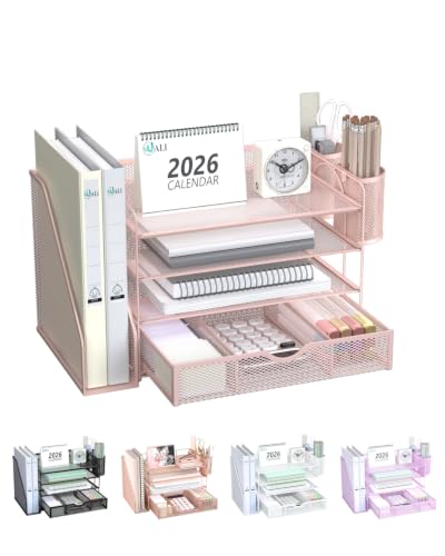 WALI Desk File Organizer, 4 Tier Desktop Paper Letter Tray Organizer with Drawer and 2 Pen Holders, Office Desk Accessories & Workspace Organizers for Office, Home Supplies(DO005DH-P), 1 Pack, Pink - color: Pink, size: 4-Tier