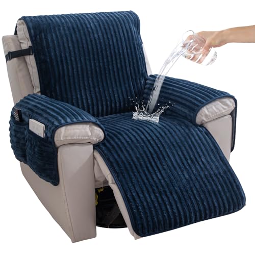 HAOMAIJIA Faux Fur Recliner Chair Covers Non-Slip Waterproof Recliner Covers That Stay in Place Warm Thick Lazy Boy Recliner Cover for Dogs Furniture Protector Pet Friendly (Navy Blue, 23'') - color: Navy Blue, size: 23''