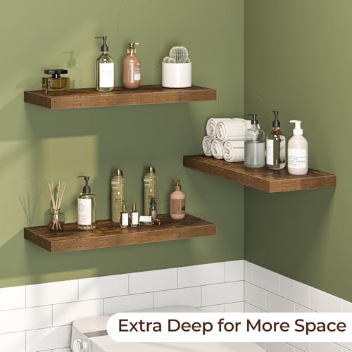 Fun Memories Floating Shelves for Wall 24 Inch Set of 3, Farmhouse Floating Shelves with Invisible Heavy Duty Bracket, 10 Inch Deep Bathroom Shelves for Storage, Living Room, Kitchen, Decor, Brown - color: Brown, size: 24"W x 10"D - 3P