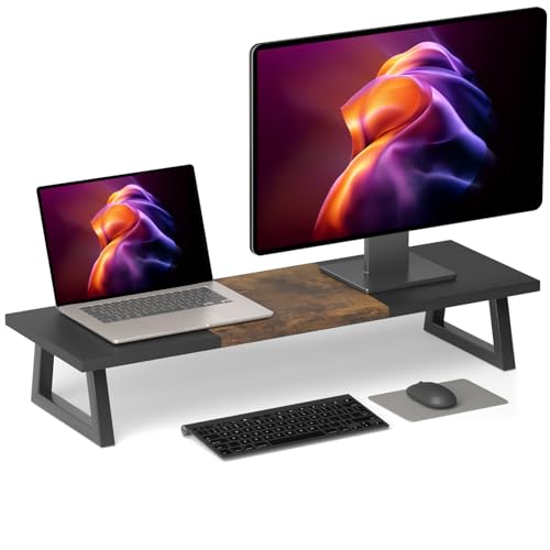 TEAMIX 31.5 inch Dual Monitor Riser, Long Monitor Stand Riser Wide TV Stand Riser Monitor Stand for 2 Monitors Wood & Steel Desktop Riser Desk Organization Home Office, Black+Brown - color: Black+Brown