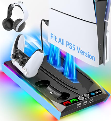 Rysker PS-5/Slim/Pro Stand for Disc & Digital, PS-5 Cooling Station with Dual Controller Charger for PS-5 Console, 3-Level Fan PS-5 Controller Charger Accessories Stand (Starlight Blue) - color: Starlight Blue