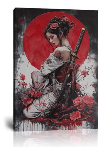 HQLLingArt Geisha Samurai Wall Art Picture Japanses Wall Decor for Home Living Room Bedroom Asian Artwork Canvas Prints Framed Ready to Hang(12''W x 16''H) - color: samurai art-12, size: 12"L x 16"W