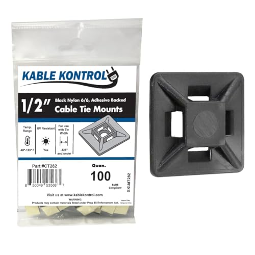 Kable Kontrol Zip Tie Mounts, 1/2” Sq, Black, 100 Pcs, Adhesive Backed Multi-Purpose UV-Resistant Mounting Squares Nylon Cable Tie Wrap Anchor Pads for Cable Management - color: Black, size: 1/2" Inch Square - 100 Pcs