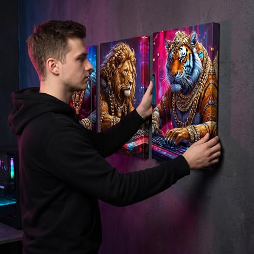 Game Room Decor Gaming Posters Video Game Wall Art Prints Set of 3 Cool Cyberpunk Animal Painting Pictures Gamer Wall Decor for Boy Teen Men Bedroom Bathroom Playroom 12x16in Framed - size: Framed12X 16Inchesx3