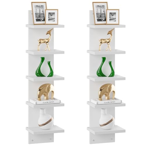 IBUYKE 5-Tier Modern Wall-Mounted Shelf, White Vertical Shelf, Floating Storage, Organizer, Tall Tower Design, Decorative Wall Mount Shelving for Home, Bedroom, Living Room, Office Decor WBC009W-2 - color: White, size: 5 Tier - 2P