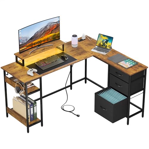 DEVAISE 55 Inch L Shaped Gaming Desk with Drawers and Storage, Corner Desk with LED Lights, Power Outlets, Computer Desk with Monitor Stand, Office Desk for Home, Rustic Brown - color: Rustic Brown, size: 55 Inch