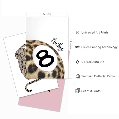 Set of 3 Preppy Cheetah Wall Art Trendy Pink Leopard Canvas Prints Star Lucky 8 Ball Posters Aesthetic Wall Decor Pictures for Girly Bedroom Apartment Dorm Unframed 12x16in