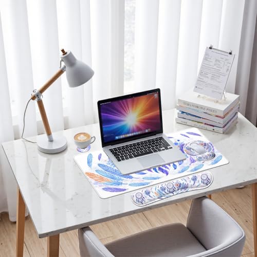 Boho Dreamcatcher Desk Mat Set Watercolor Purple Feather Floral Mouse Pad with Wrist Rest 4in1 Desk Mat for Desktop Ergonomic Computer Desk Arm Wrist Anti-Slip Computer Mouse Pad Home Office Gaming - color: Boho Dreamcatcher