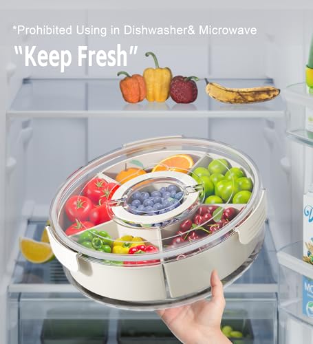 Divided Rotating Serving Tray with Lid and Handle, Portable Snackle Box for Fruits Snacks Veggie Charcuterie, Clear Lazy Susan Organizer and Fridge Storage Container for Adults Child (1PCS,12" L - size: 12" L-1pcs