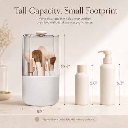 EACHY Makeup Brush Holder with Lid, 360° Rotating Vanity Organizer for Brushes, Dustproof Cosmetic Display Case, 7 Compartments, Waterproof Plastic (White) - color: White