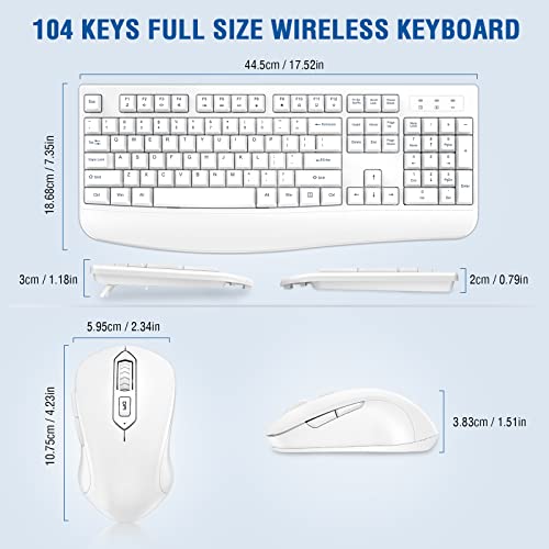 Wireless Keyboard and Mouse Combo, EDJO Full-Sized Ergonomic Computer Keyboard with Wrist Rest and 3 Level DPI Adjustable Wireless Mouse for Windows, Mac OS Desktop/Laptop/PC (White) - color: White