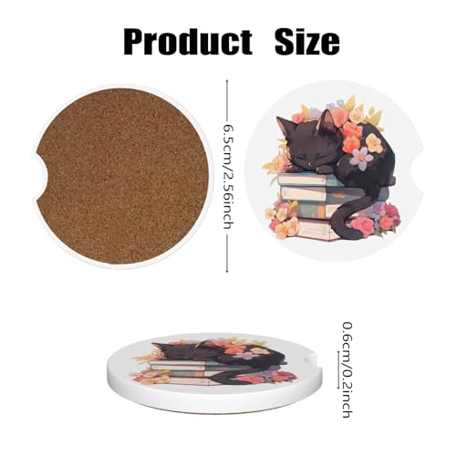 Car Cup Holder Coasters, 2 Pcs Ceramic Coasters with Cork Back and Finger Slot, Anti-Slip Shock Absorbing Women and Men Universal Car Accessories - Cat Floral - color: Cat Floral